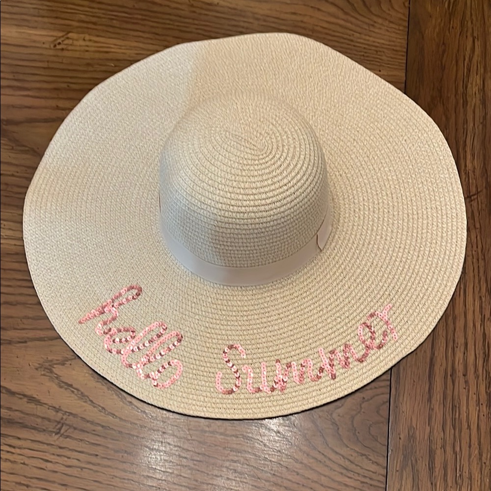 Beige Sun Hat with Pink Sequins HELLO SUMMER